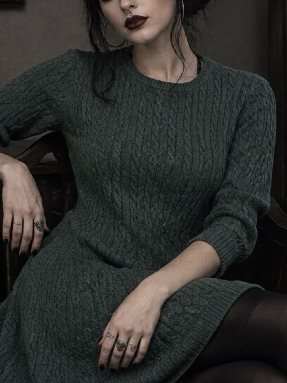 twik Forest Green Cable-Knit Sweater Midi Dress
